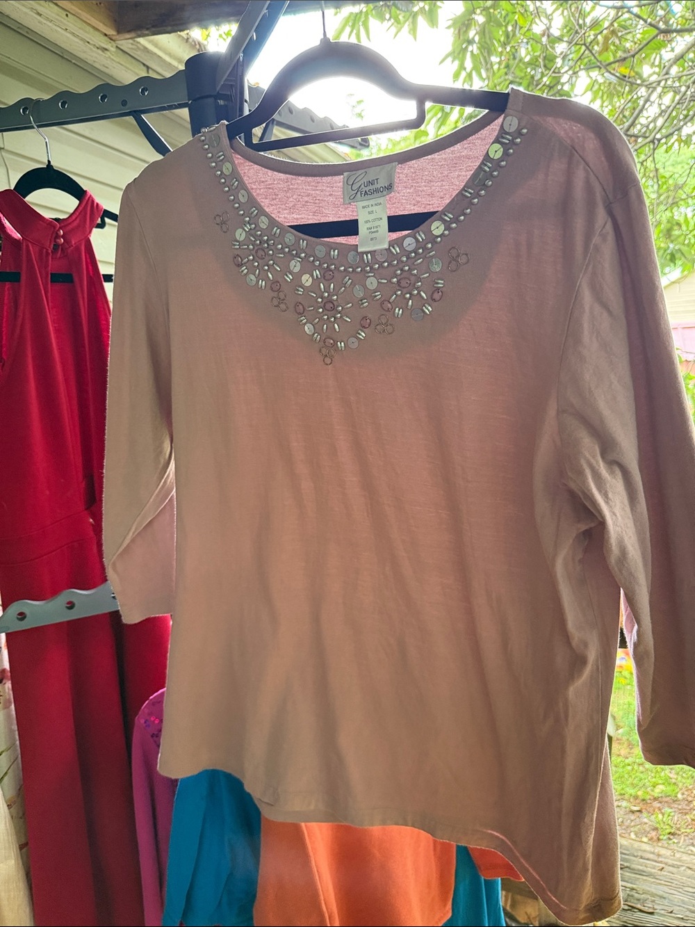 Gunit Womens all cotton Beaded  Pink Scoop Neck Top embellished large